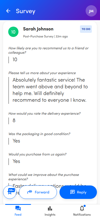 Survey detail with a Reply button and status badge