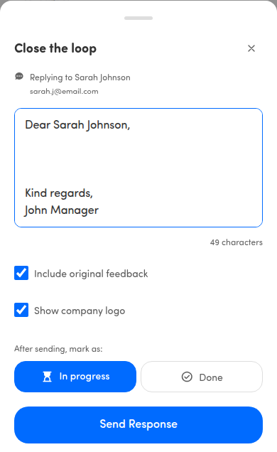 Close the loop reply modal with compose box and email options