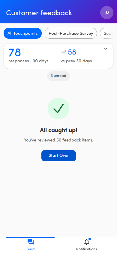 The “All caught up!” screen with a Start Over button
