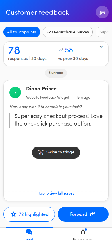 The feed showing a stack of feedback cards