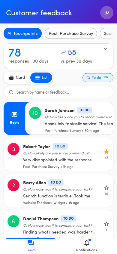 List view showing swipe-to-reply and swipe-to-done actions