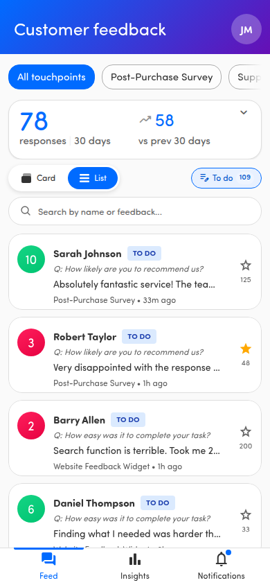 Feed List view with the search bar