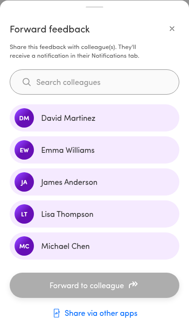 The “Forward feedback” sheet with a colleague search and selection