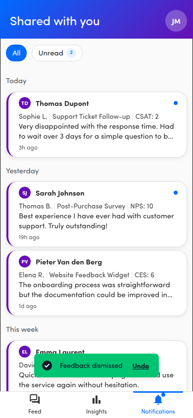 Notifications item with the Undo toast