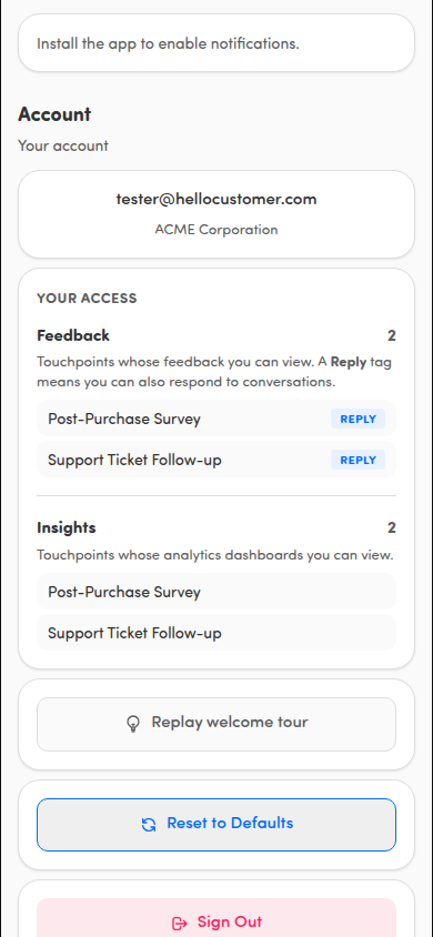 The Your access card in Settings listing accessible touchpoints