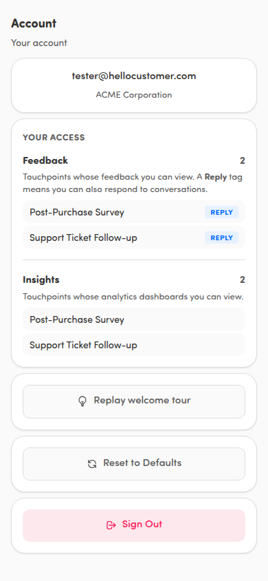 The Account section actions in Settings