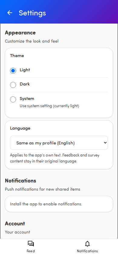 The Appearance section in Settings with the Theme and Language options