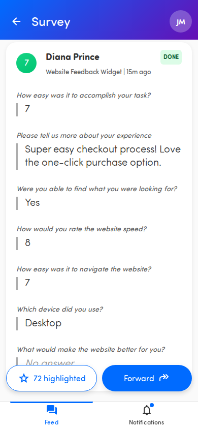 A full survey response showing the score badge, name, and question-and-answer pairs